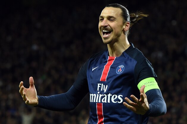 Paris Saint-Germain's Swedish forward Zlatan Ibrahimovic celebrates after scoring a goal during the Ligue1 football match between AS Saint-Etienne and Paris Saint-Germain, on January 31, 2016 at the Geoffroy Guichard stadium in Saint-Etienne, central France. AFP PHOTO / PHILIPPE DESMAZES / AFP / PHILIPPE DESMAZES        (Photo credit should read PHILIPPE DESMAZES/AFP/Getty Images)