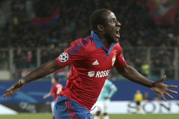 CSKA's Seydou Doumbia celebrates scoring 2-0 during a Champions League Group B soccer match between CSKA Moscow and PSV Eindhoven at the Arena Khimki stadium in Moscow, Russia, Wednesday Sept. 30, 2015. (AP Photo/Ivan Sekretarev)