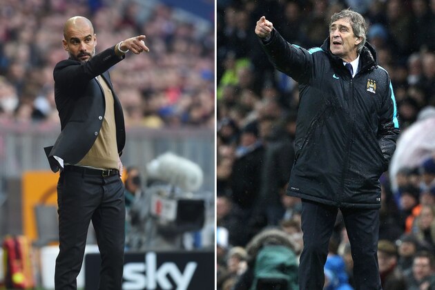 This combination picture shows Bayern Munich's Spanish headcoach Pep Guardiola (L) and Manchester City's Chilean manager Manuel Pellegrini gesturing during football matches.Outgoing Bayern Munich coach Pep Guardiola will take over from Manuel Pellegrini at Manchester City on a three-year deal from the end of the season, the English club announced on February 1, 2016. / AFP / CHRISTOF STACHE        (Photo credit should read CHRISTOF STACHE/AFP/Getty Images)