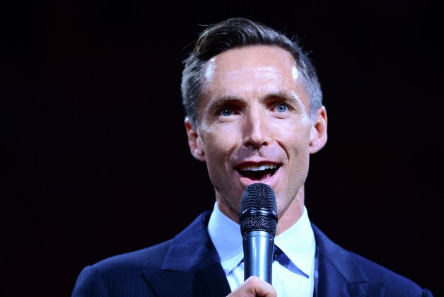 Oct 30, 2015; Phoenix, AZ, USA; Two-time NBA Most Valuable Player Steve Nash during his induction into the Suns Ring of Honor speech during half time at Talking Stick Resort Arena. Mandatory Credit: Jennifer Stewart-USA TODAY Sports