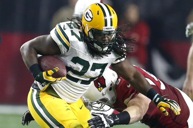 Green Bay Packers running back Eddie Lacy (27) during an NFL divisional playoff football game against the Arizona Cardinals, Saturday, Jan. 16, 2016, in Glendale, Ariz. (AP Photo/Rick Scuteri)