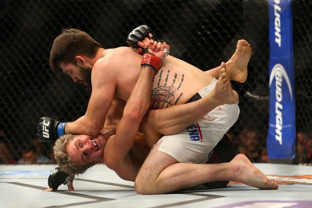 NEWARK, NJ - JANUARY 30:  Bryan Barberena (top) elbows Sage Northcutt in their welterweight bout during the UFC Fight Night event at the Prudential Center on January 30, 2016 in Newark, New Jersey. (Photo by Ed Mulholland/Zuffa LLC/Zuffa LLC via Getty Images)