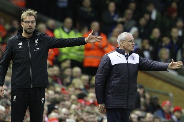 Liverpool's German manager Jurgen Klopp (L) and Leicester City's Italian manager Claudio Ranieri (R) gesture from the touchline during the English Premier League football match between Liverpool and Leicester City at the Anfield stadium in Liverpool, north-west England on December 26, 2015.  AFP PHOTO / LINDSEY PARNABY

RESTRICTED TO EDITORIAL USE. No use with unauthorized audio, video, data, fixture lists, club/league logos or 'live' services. Online in-match use limited to 75 images, no video emulation. No use in betting, games or single club/league/player publications. / AFP / LINDSEY PARNABY        (Photo credit should read LINDSEY PARNABY/AFP/Getty Images)