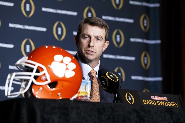 SCOTTSDALE, AZ - JANUARY 10: Head Coach Dabo Swinney of the Clemson Tigers addresses the media during the Head Coaches Press Conference before the College Football Playoff National Championship at the JW Marriott Camelback Inn on January 10, 2016 in Scottsdale, Arizona. (Photo by Don Juan Moore/Getty Images)