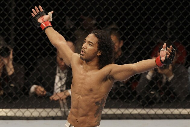 Ben Henderson celebrates after the end of the fifth round of a lightweight championship mixed martial arts bout against Nate Diaz at a UFC on Fox event in Seattle, Saturday, Dec. 8, 2012. Henderson won by unanimous decision to retain his championship. (AP Photo/Jeff Chiu)