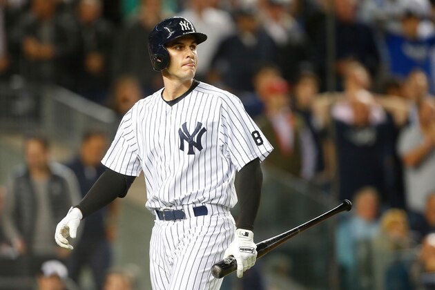 NEW YORK, NY - OCTOBER 06:  (NEW YORK DAILIES OUT)   Greg Bird #31 of the New York Yankees in action against the Houston Astros during the American League Wild Card Game at Yankee Stadium on October 6, 2015 in the Bronx borough of New York City, New York. The Astros defeated the Yankees 3-0.  (Photo by Jim McIsaac/Getty Images)