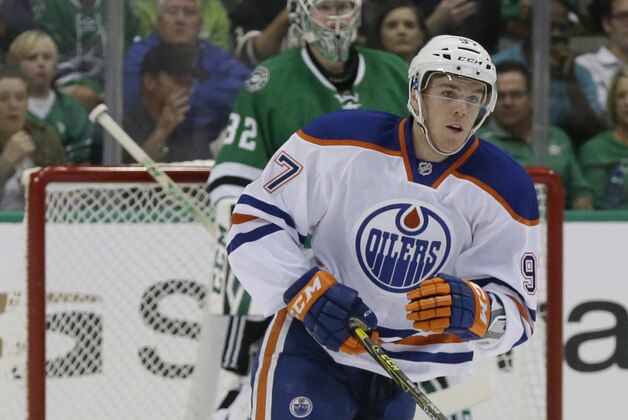 Edmonton Oilers center Connor McDavid (97) skates on the ice during the first period of an NHL hockey game against the Dallas Stars Tuesday, Oct. 13, 2015, in Dallas. (AP Photo/LM Otero)