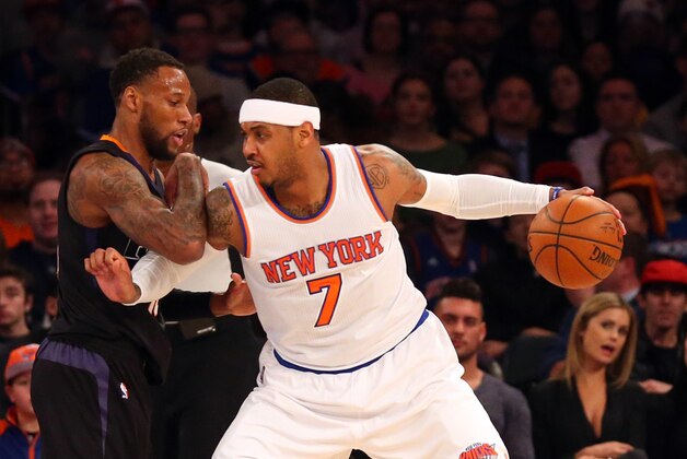 Jan 29, 2016; New York, NY, USA;  New York Knicks forward Carmelo Anthony (7) drives against Phoenix Suns guard Sonny Weems (10) during the first quarter at Madison Square Garden. Mandatory Credit: Anthony Gruppuso-USA TODAY Sports