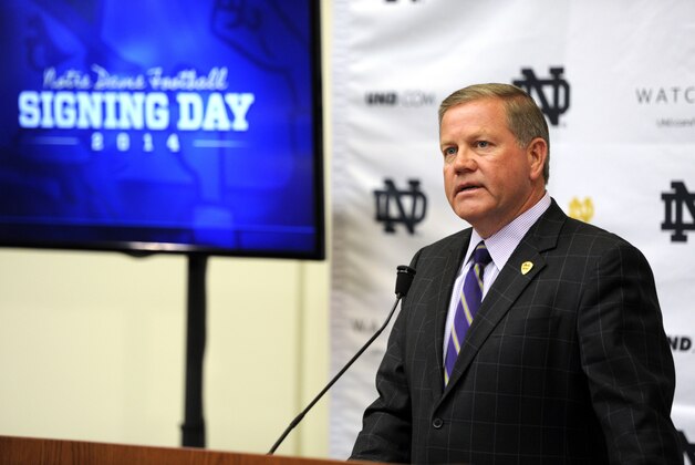 Notre Dame football coach Brian Kelly talks about recruits during signing day at Notre Dame Feb. 5, 2014 in South Bend, Ind.  (Blue and Gold Photo/Joe Raymond)