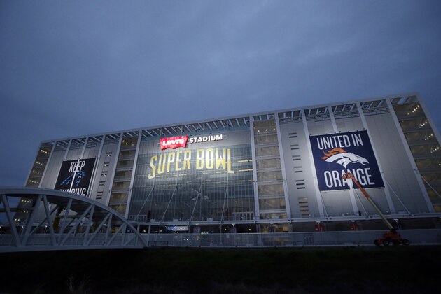 Levi's Stadium is decorated for the Super Bowl Saturday, Jan. 30, 2016, in Santa Clara, Calif. Super Bowl 50, between the Carolina Panthers and Denver Broncos, will be played at Levi's Stadium Feb. 7.  (AP Photo/Marcio Jose Sanchez)