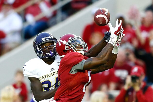 TUSCALOOSA, AL - NOVEMBER 22:  Chris Black #1 of the Alabama Crimson Tide fails to pull in this touchdown reception against Keion Crossen #35 of the Western Carolina Catamounts at Bryant-Denny Stadium on November 22, 2014 in Tuscaloosa, Alabama.  (Photo by Kevin C. Cox/Getty Images)