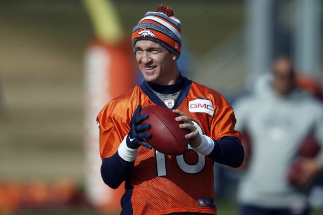 Denver Broncos quarterback Peyton Manning looks to pass during an NFL football practice at the team's headquarters Saturday, Jan. 30, 2016, in Englewood, Colo. The Broncos are preparing to face the Carolina Panthers in Super Bowl 50 on Sunday, Feb. 7, in Santa Clara, Calif. (AP Photo/David Zalubowski)