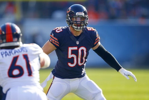 Chicago Bears inside linebacker Shea McClellin (50) lines up against the Denver Broncos during an NFL football game, Sunday, Nov. 22, 2015, in Chicago. The Broncos won the game 17-15.  (Jeff Haynes/AP Images for Panini)