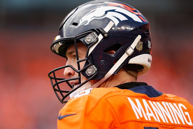DENVER, CO - JANUARY 24:  Quarterback Peyton Manning #18 of the Denver Broncos during the AFC Championship game against the New England Patriots at Sports Authority Field at Mile High on January 24, 2016 in Denver, Colorado. The Broncos defeated the Patriots 20-18.  (Photo by Christian Petersen/Getty Images)
