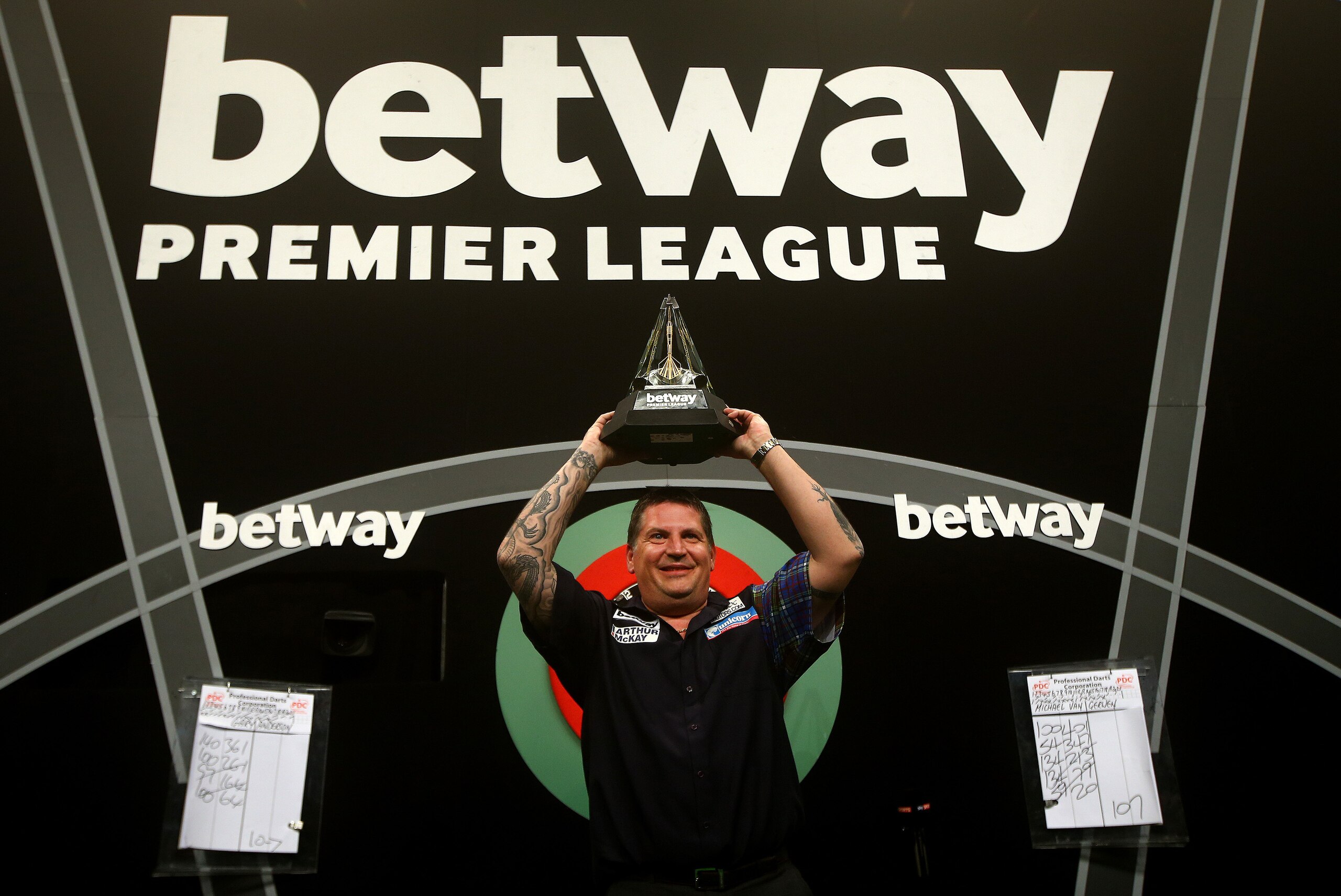 LONDON, ENGLAND - MAY 21: Gary Anderson of Scotland celebrates with the trophy after winning the Final against Michael van Gerwen of Holland during the Betway Premier League at The 02 Arena on May 21, 2015 in London, England. (Photo by Charlie Crowhurst/Getty Images)