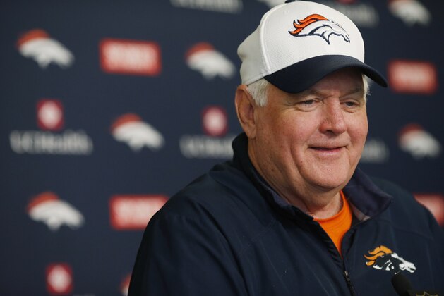 Denver Broncos defensive coordinator Wade Phillips jokes with reporters after an NFL football practice at the team's headquarters Friday, Jan. 29, 2016, in Englewood, Colo. The Broncos are preparing to face the Carolina Panthers in Super Bowl 50 on Sunday, Feb. 7. (AP Photo/David Zalubowski)
