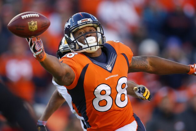 Denver Broncos wide receiver Demaryius Thomas fails to catch a pass against the Pittsburgh Steelers during the first half in an NFL football divisional playoff game, Sunday, Jan. 17, 2016, in Denver. (AP Photo/David Zalubowski) Denver Broncos wide receiver Demaryius Thomas fails to catch a pass against the Pittsburgh Steelers during the first half in an NFL football divisional playoff game, Sunday, Jan. 17, 2016, in Denver. (AP Photo/David Zalubowski)
