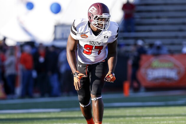 MOBILE, AL - JANUARY 30: Eastern Kentucky Defensive End Noah Spence #97 of the South Team during the 2016 Resse's Senior Bowl at Ladd-Peebles Stadium on January 30, 2016 in Mobile, Alabama. The South defeated the North 27-16. (Photo by Don Juan Moore/Getty Images)