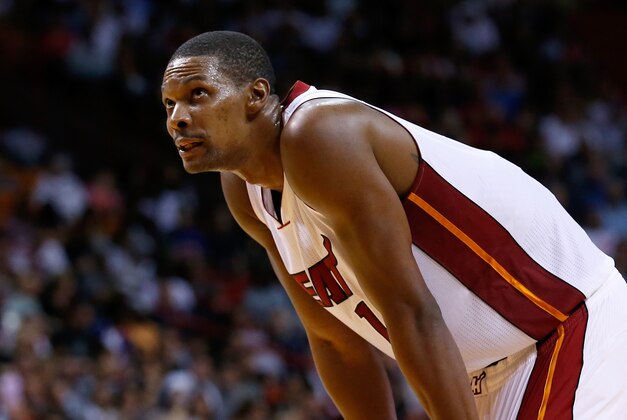 Nov 23, 2015; Miami, FL, USA; Miami Heat forward Chris Bosh (1) takes a breather during the second half against the New York Knicks at American Airlines Arena. The Heat won 95-78. Mandatory Credit: Steve Mitchell-USA TODAY Sports