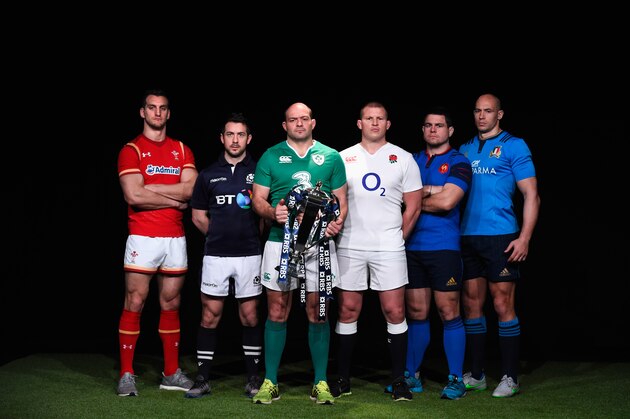 LONDON, ENGLAND - JANUARY 27:  (L-R) Sam Warburton, captain of Wales, Greig Laidlaw, captain of Scotland, Rory Best, captain of Ireland, Dylan Hartley, captain of England, Guilhem Guirado, captain of France and Sergio Parisse, captain of Italy pose during the RBS Six Nations launch at The Hurlingham Club on January 27, 2016 in London, England.  (Photo by Stu Forster/Getty Images)