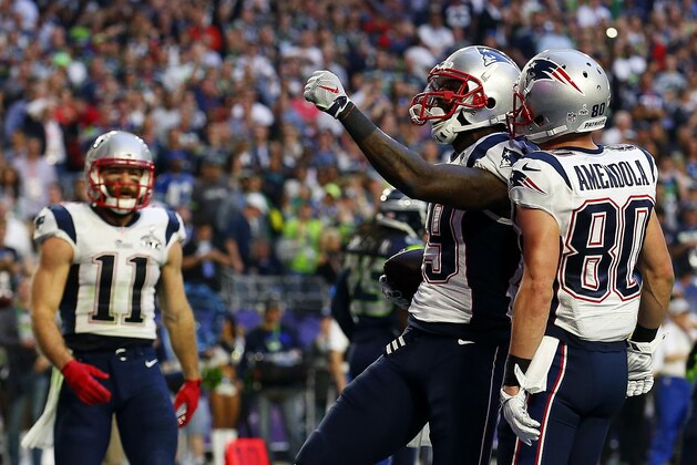 GLENDALE, AZ - FEBRUARY 01:  Brandon LaFell #19 celebrates after a touchdown with  Danny Amendola #80 of the New England Patriots against the Seattle Seahawks in the second quarter during Super Bowl XLIX at University of Phoenix Stadium on February 1, 2015 in Glendale, Arizona.  (Photo by Tom Pennington/Getty Images)