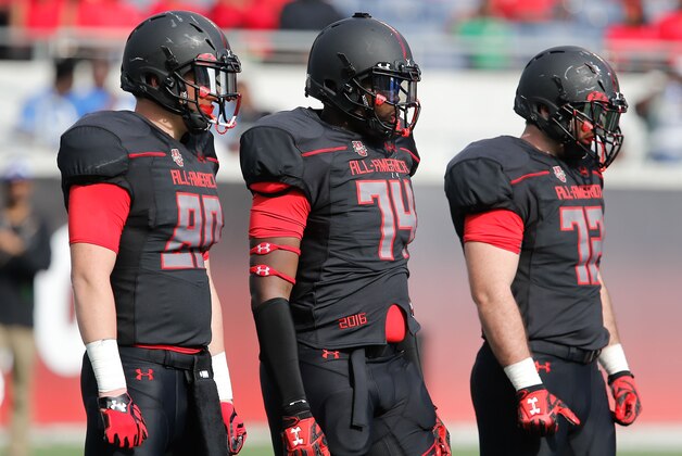 Jan 2, 2016; Orlando, FL, USA; Team Highlight player Michal Menet (72) and Jean Delancey (74) and  Scooter Harrington wait for the next play in the Under Armour All American Football Game at the Orlando Citrus Bowl. Team Highlight beat Team Armour 27-0. Mandatory Credit: Reinhold Matay-USA TODAY Sports