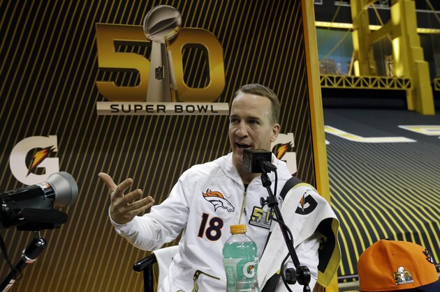 Denver Broncos' Peyton Manning answers a question during Opening Night for the NFL Super Bowl 50 football game Monday, Feb. 1, 2016, in San Jose, Calif. (AP Photo/David J. Phillip)