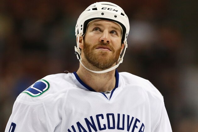 ANAHEIM, CA - NOVEMBER 30: Brandon Prust #9 of the Vancouver Canucks looks on during a game against the Anaheim Ducks at Honda Center on November 30, 2015 in Anaheim, California. (Photo by Sean M. Haffey/Getty Images)