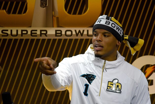 SAN JOSE, CA - FEBRUARY 01:  Cam Newton #1 of the Carolina Panthers addresses the media at Super Bowl Opening Night Fueled by Gatorade at SAP Center on February 1, 2016 in San Jose, California.  (Photo by Thearon W. Henderson/Getty Images)