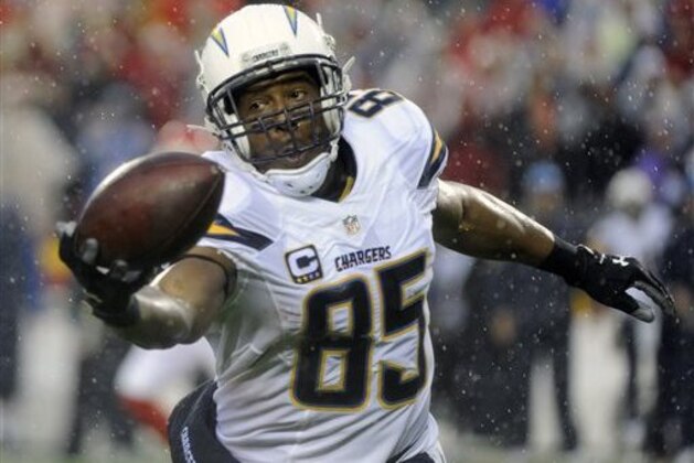 FILE - In this Dec. 13, 2015, file photo, San Diego Chargers tight end Antonio Gates makes a catch during the Chargers' NFL football game against the Kansas City Chiefs in Kansas City, Mo. The Chargers play the Denver Broncos on Sunday, Jan. 3. (AP Photo/Ed Zurga, File)