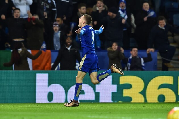 Leicester City's English striker Jamie Vardy celebrates after scoring the opening goal of the English Premier League football match between Leicester City and Liverpool at King Power Stadium in Leicester, central England on February 2, 2016. Jamie Vardy scored both goal in Leicester's 2-0 win. / AFP / Ben STANSALL / RESTRICTED TO EDITORIAL USE. No use with unauthorized audio, video, data, fixture lists, club/league logos or 'live' services. Online in-match use limited to 75 images, no video emulation. No use in betting, games or single club/league/player publications.  /         (Photo credit should read BEN STANSALL/AFP/Getty Images)