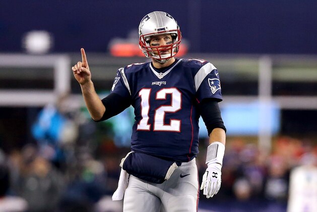 FOXBORO, MA - JANUARY 16:  Tom Brady #12 of the New England Patriots gestures after a play in the fourth quarter against the Kansas City Chiefs during the AFC Divisional Playoff Game at Gillette Stadium on January 16, 2016 in Foxboro, Massachusetts.  (Photo by Maddie Meyer/Getty Images)