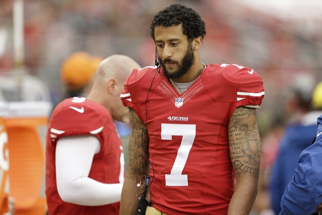 San Francisco 49ers quarterback Colin Kaepernick (7) walks on the sideline during the second half of an NFL football game against the Atlanta Falcons in Santa Clara, Calif., Sunday, Nov. 8, 2015. (AP Photo/Ben Margot)