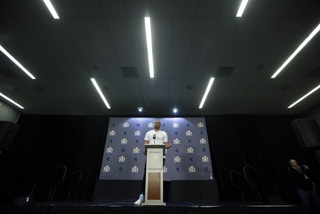 Carolina Panthers quarterback Cam Newton answers questions during a press conference Tuesday, Feb. 2, 2016 in San Jose, Calif. Carolina plays the Denver Broncos in the NFL Super Bowl 50 football game Sunday, Feb. 7, 2015, in Santa Clara, Calif. (AP Photo/Marcio Jose Sanchez)