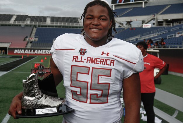 Jan 2, 2016; Orlando, FL, USA; Team Highlight player Rashan Gary won the defensive MVP trophy following the 2016 Under Armour All-American Game at Orlando Citrus Bowl. Team Highlight beat Team Armour 27-0. Mandatory Credit: Reinhold Matay-USA TODAY Sports