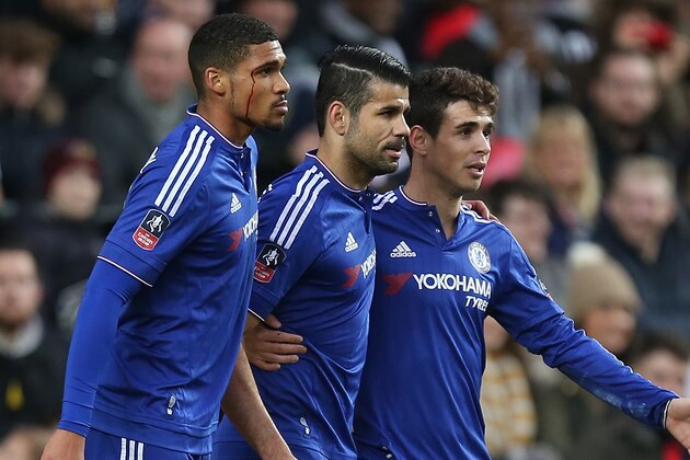 MILTON KEYNES, ENGLAND - JANUARY 31:  Oscar of Chelsea celebrates with team mates Diego Costa and Ruben Loftus-Cheek after scoring his and his sides first goal during The Emirates FA Cup Fourth Round match between Milton Keynes Dons and Chelsea at Stadium mk on January 31, 2016 in Milton Keynes, England.  (Photo by Pete Norton/Getty Images)