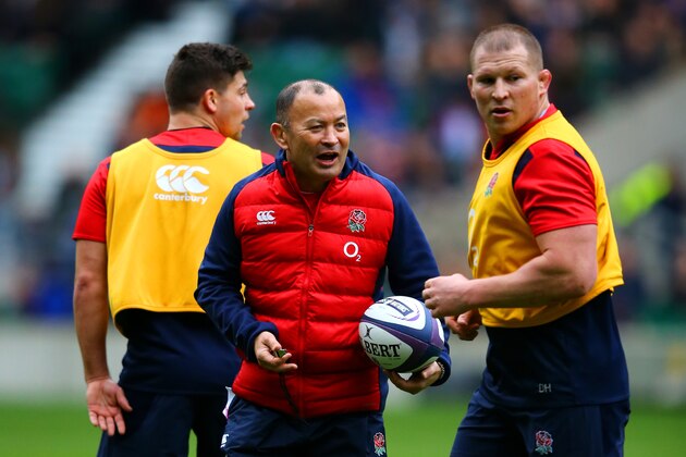 LONDON, ENGLAND - JANUARY 29:  Eddie Jones, Head Coach of England speaks with Dylan Hartley, captain of England during an England Rugby open training session at Twickenham Stadium on January 29, 2016 in London, England.  (Photo by Richard Heathcote/Getty Images)