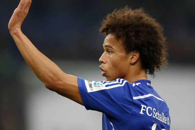 Schalke's midfielder Leroy Sane waves during the German first division Bundesliga football match FC Schalke 04 vs FC Ingolstadt 04 in Gelsenkirchen, western Germany, on October 31, 2015.    

 / AFP / NORBERT SCHMIDT        (Photo credit should read NORBERT SCHMIDT/AFP/Getty Images)