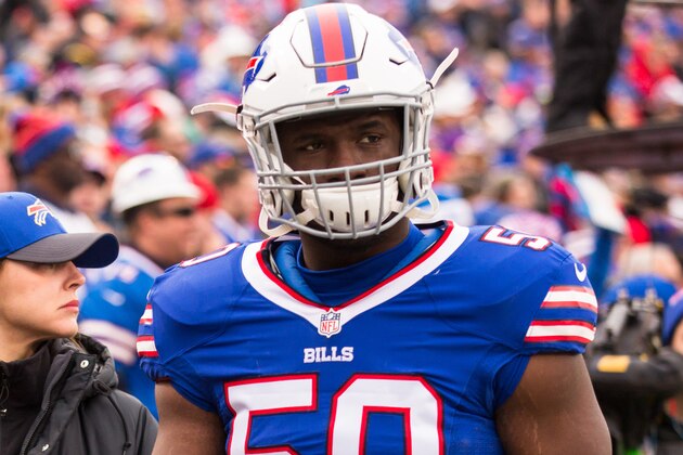 ORCHARD PARK, NY - DECEMBER 06:  Tony Steward #50 of the Buffalo Bills heads to the locker room during the game against the Houston Texans on December 6, 2015 at Ralph Wilson Stadium in Orchard Park, New York.  Buffalo defeats Houston 30-21.  (Photo by Brett Carlsen/Getty Images)