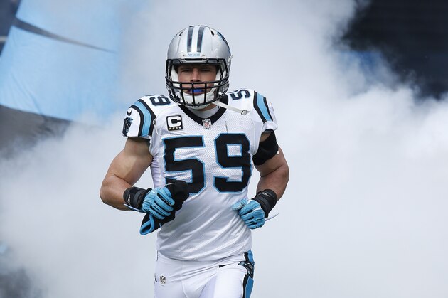Carolina Panthers middle linebacker Luke Kuechly (59) takes the field before the first half of an NFL divisional playoff football game between the Carolina Panthers and the Seattle Seahawks, Sunday, Jan. 17, 2016, in Charlotte, N.C. (AP Photo/Bob Leverone)