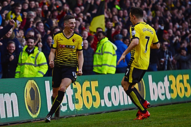 WATFORD, ENGLAND - JANUARY 23:  Craig Cathcart (L) of Watford celebrates scoring his team's second goal with his team mate Jose Manuel Jurado (R) during the Barclays Premier League match between Watford and Newcastle United at Vicarage Road on January 23, 2016 in Watford, England  (Photo by Dan Mullan/Getty Images)