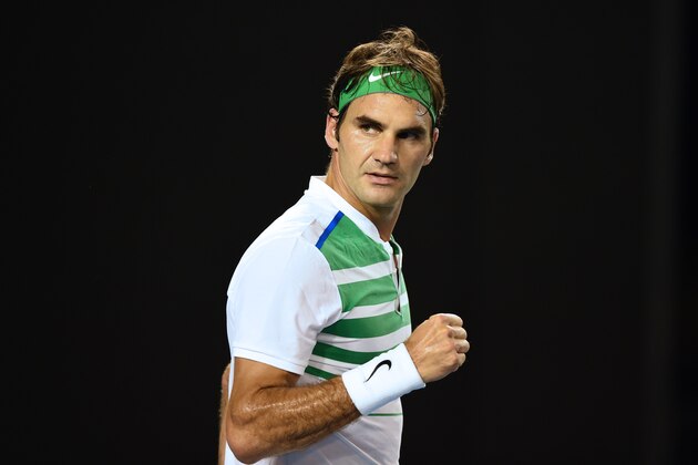 Switzerland's Roger Federer celebrates winning the third set during his men's singles semi-final match against Serbia's Novak Djokovic on day eleven of the 2016 Australian Open tennis tournament in Melbourne on January 28, 2016. AFP PHOTO / GREG WOOD -- IMAGE RESTRICTED TO EDITORIAL USE - STRICTLY NO COMMERCIAL USE / AFP / GREG WOOD        (Photo credit should read GREG WOOD/AFP/Getty Images)