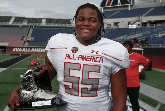 Jan 2, 2016; Orlando, FL, USA; Team Highlight player Rashan Gary won the defensive MVP trophy following the 2016 Under Armour All-American Game at Orlando Citrus Bowl. Team Highlight beat Team Armour 27-0. Mandatory Credit: Reinhold Matay-USA TODAY Sports