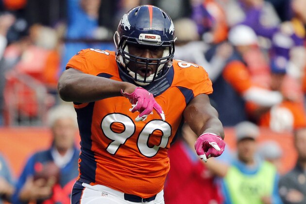 FILE - In this Oct. 4, 2015, file photo, Denver Broncos defensive end Antonio Smith celebrates a sack during an NFL football game against the Minnesota Vikings in Denver. Smith is a rarity in the NFL: He does not get injured. The Super Bowl will mark his 179th appearance in 180 games since the middle of the 2005 season, a decade of astonishingly good health in a relentlessly violent sport. Rather than crediting particularly proficient care from the four teams he's been with, Smith says he managed to suit up week after week after week thanks in large part to the extra care he arranges on his own. (AP Photo/Jack Dempsey, File)
