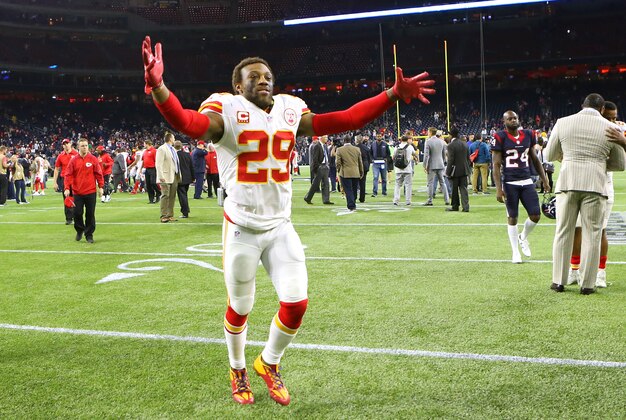 Jan 9, 2016; Houston, TX, USA; Kansas City Chiefs free safety Eric Berry (29) celebrates after defeating the Houston Texans in a AFC Wild Card playoff football game at NRG Stadium. Kansas City won 30-0. Mandatory Credit: Troy Taormina-USA TODAY Sports