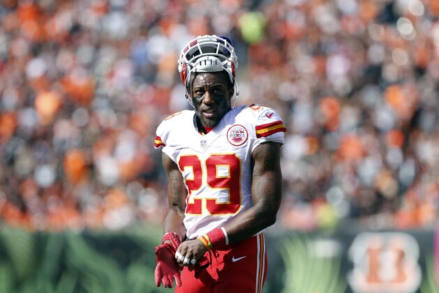 Oct 4, 2015; Cincinnati, OH, USA; Kansas City Chiefs free safety Eric Berry (29) looks on during a stop in play against the Cincinnati Bengals at Paul Brown Stadium. The Bengals won 36-21. Mandatory Credit: Aaron Doster-USA TODAY Sports