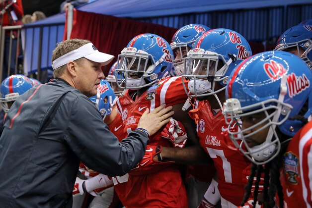 Jan 1, 2016; New Orleans, LA, USA; Mississippi Rebels head coach Hugh Freeze prepares to take his team onto the field to play the Oklahoma State Cowboys in the 2016 Sugar Bowl at the Mercedes-Benz Superdome. Mandatory Credit: Chuck Cook-USA TODAY Sports