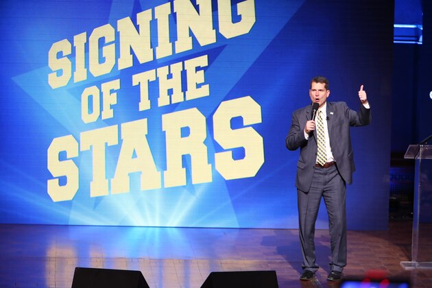 ANN ARBOR, MI - FEBRUARY  3:  Head coach Jim Harbaugh of the Michigan Wolverines speaks during the Michigan Signing of the Stars event at Hill Auditorium on February 3, 2016 in Ann Arbor, Michigan. (Photo by Rey Del Rio/Getty Images)