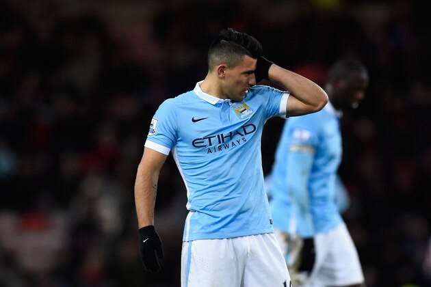 SUNDERLAND, ENGLAND - FEBRUARY 02:  Sergio Aguero of Manchester City reacts during the Barclays Premier League match between Sunderland and Manchester City at the Stadium of Light on February 2, 2016 in Sunderland, England  (Photo by Stu Forster/Getty Images)