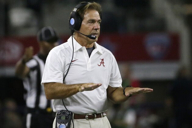 Alabama head coach Nick Saban gives directions from the sidelines during the first half of an NCAA college football game against Wisconsin, Saturday, Sept. 5, 2015, in Arlington, Texas. (AP Photo/LM Otero)